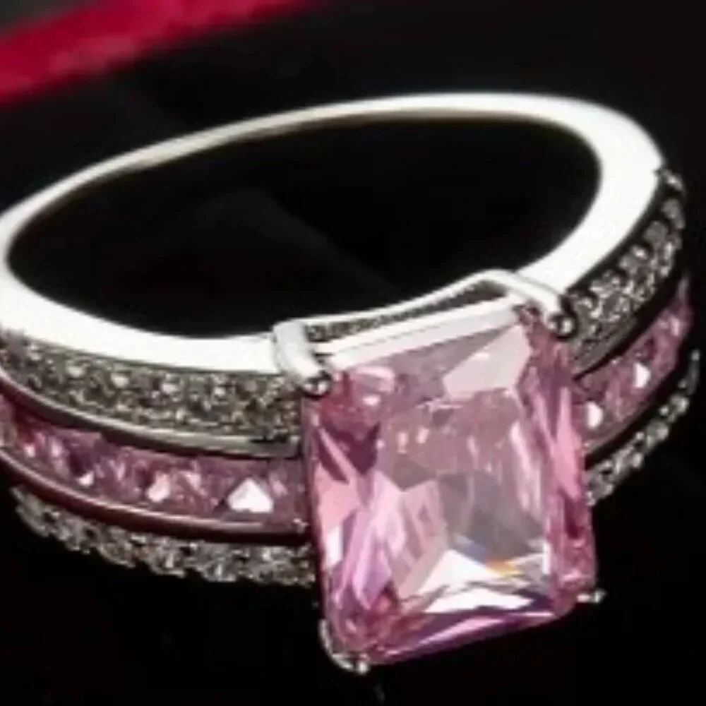 Exquisite Pink Square Cut Ring Gemstone Inlay Hypoallergenic Nickle Free